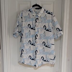 SSLR Men's Colection Swan Pattern Shirt - Light Blue and White L Button-Down
